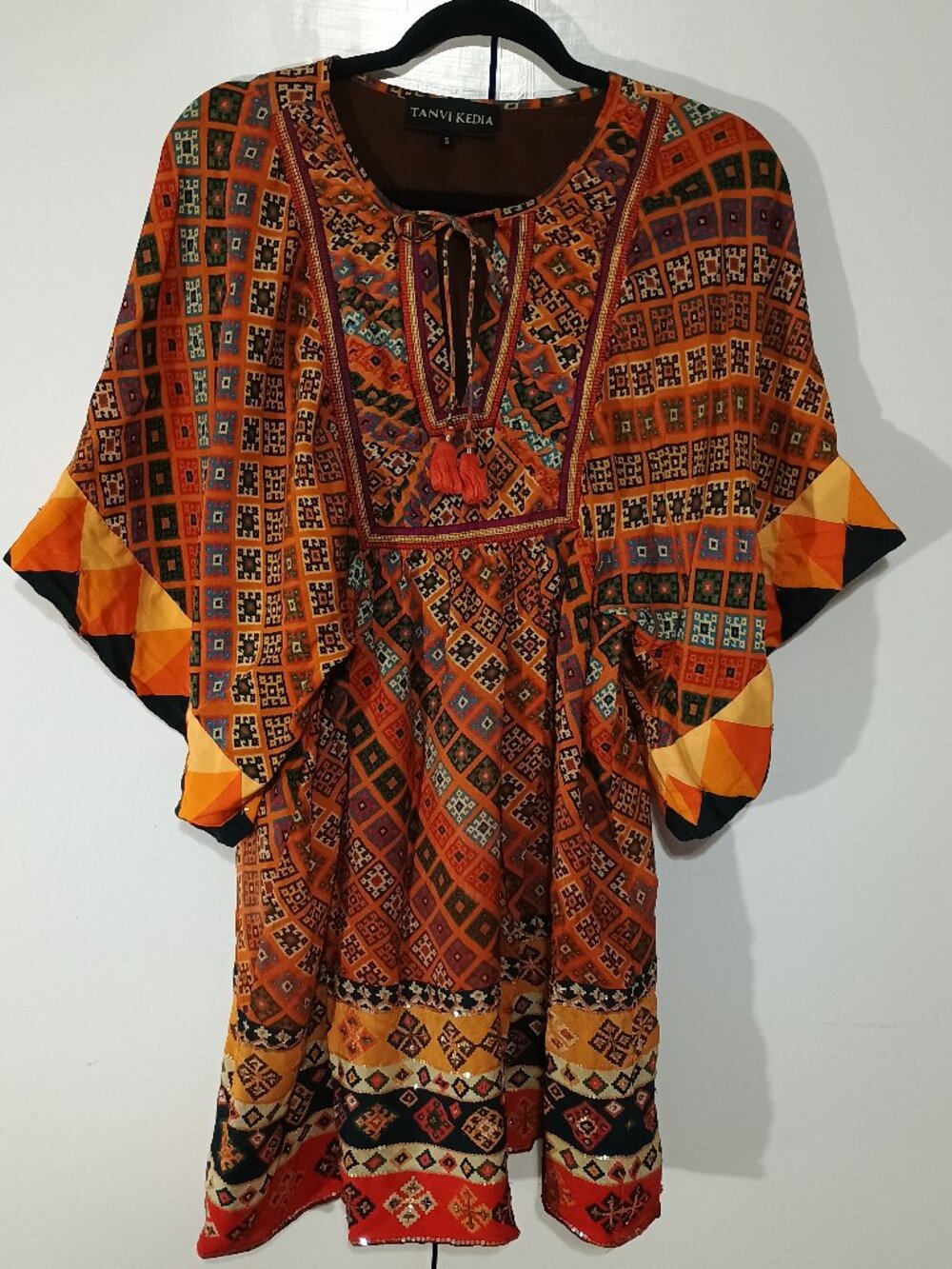 Tanvi Kedia Anthropologie Boho Geometric Print Tassel Mini Dress Size Small - Picture 2 of 10